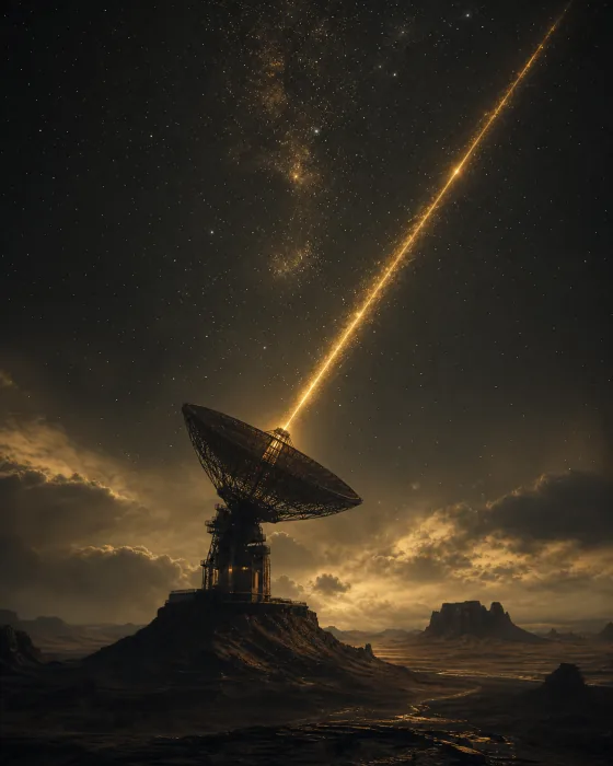 Original presentation artwork of a radio telescope beneath a deep-space sky