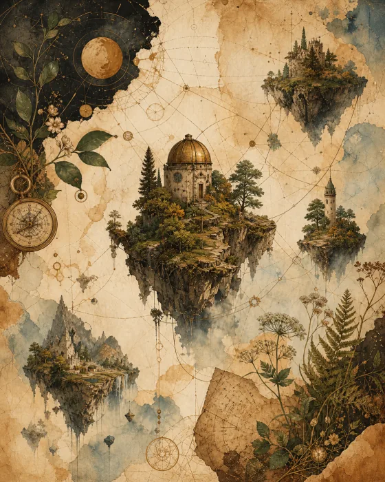Original presentation artwork of floating worlds and celestial cartography