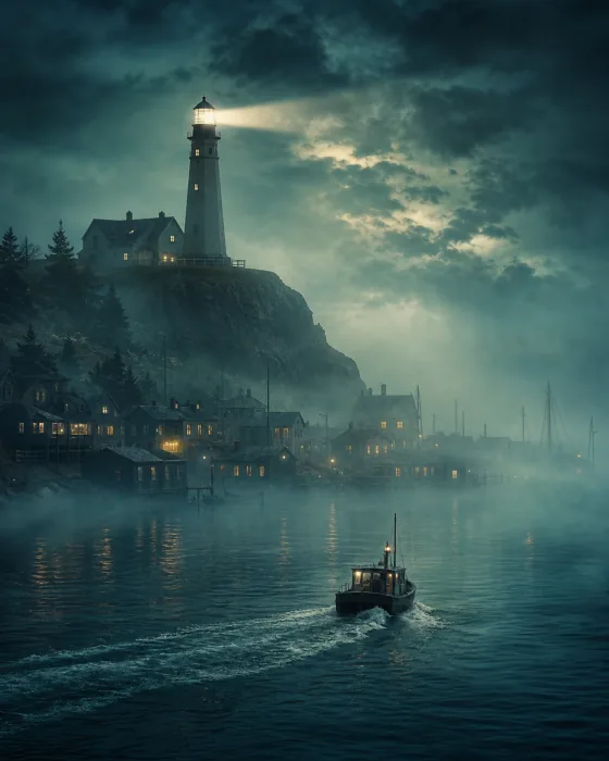 Original presentation artwork of a lighthouse above a foggy coastal town