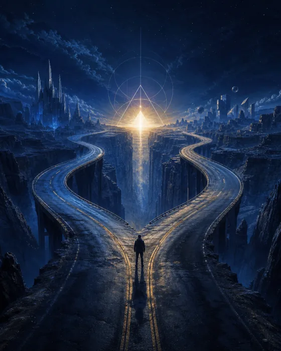 Original abstract presentation artwork of parallel paths through a blue canyon